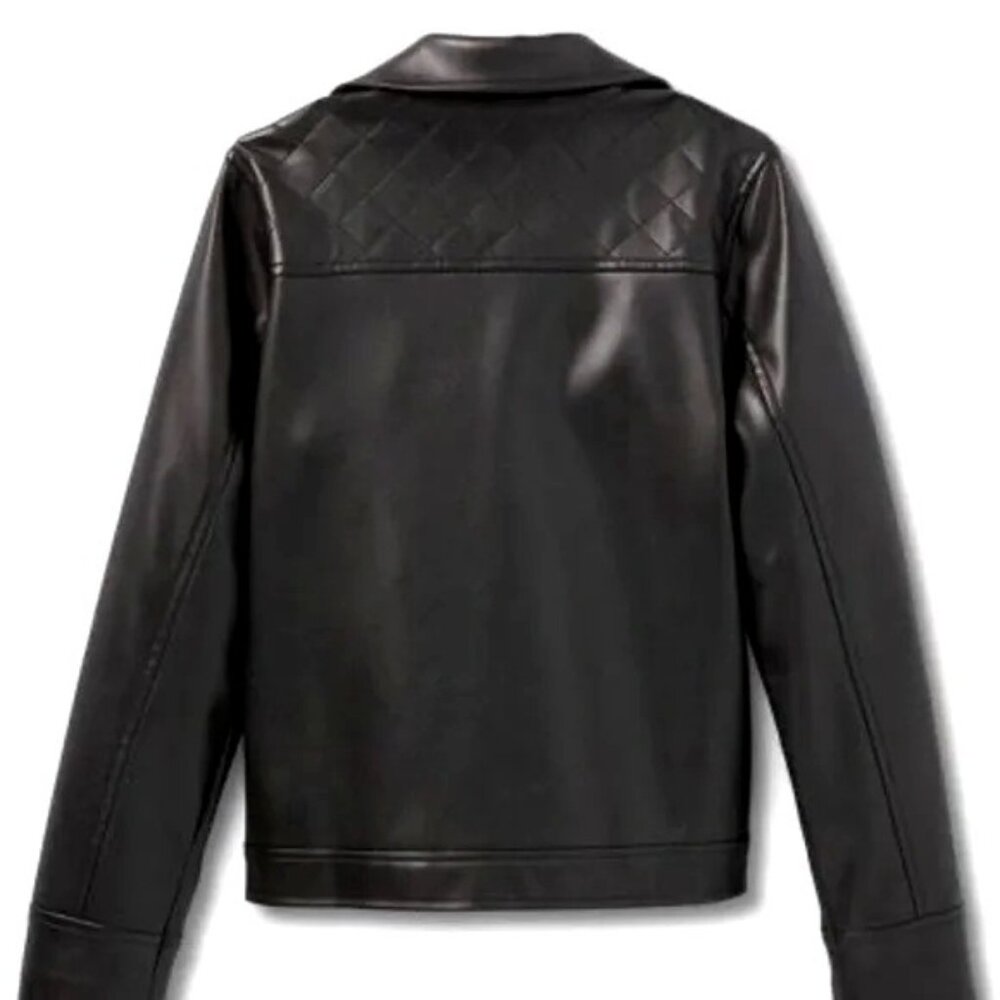 Girls Black Faux Leather Moto Jacket With Quilted Shoulder Details & Zip Pockets - Picture 5 of 9